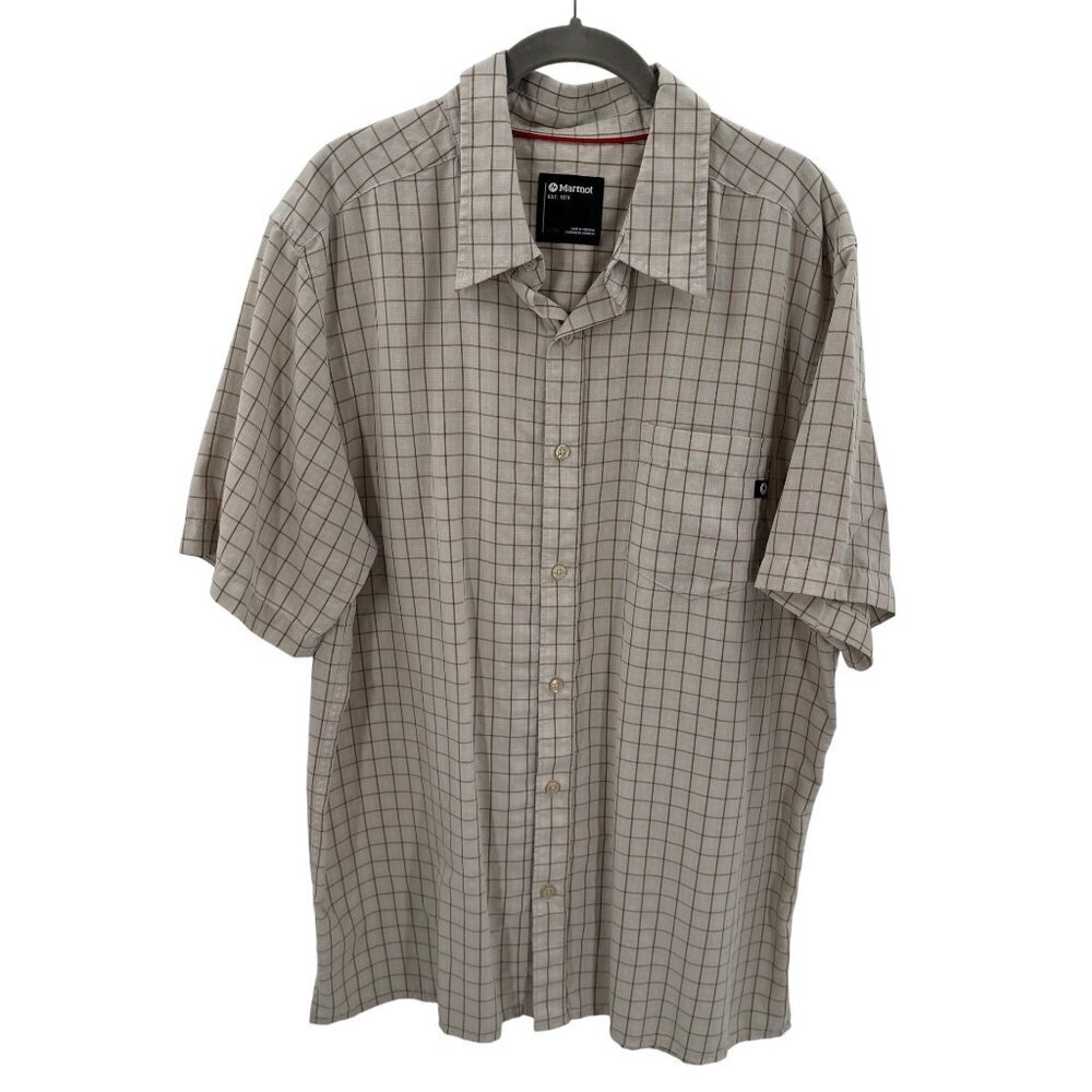 Marmot Mens Cream Plaid Short Sleeve Button-Up Shirt Size XL Lightweight